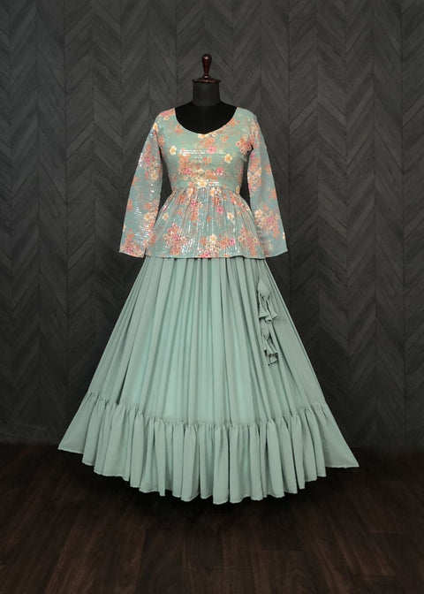 Sky Blue Flower Digital Print & Rich Sequins Embroidered work Blouse With Plain Lehenga For Woman