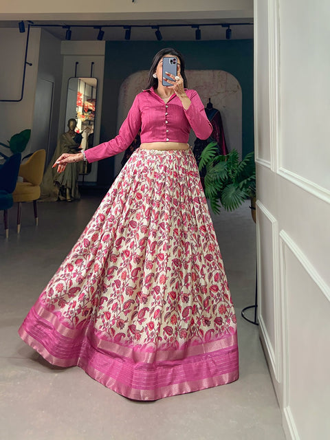 Pink Embrace the allure of tradition with the modern charm of floral prints – the Dola Silk lehenga choli