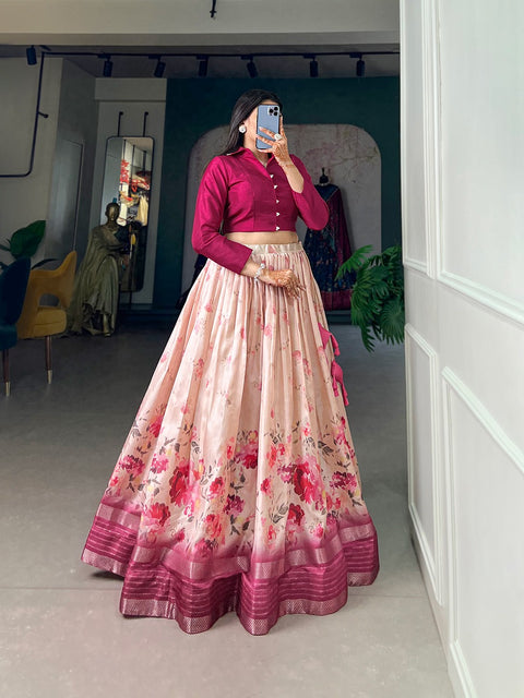 Rani Pink Embrace the allure of tradition with the modern charm of floral prints – the Dola Silk lehenga choli