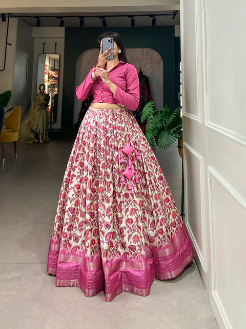 Pink Embrace the allure of tradition with the modern charm of floral prints – the Dola Silk lehenga choli