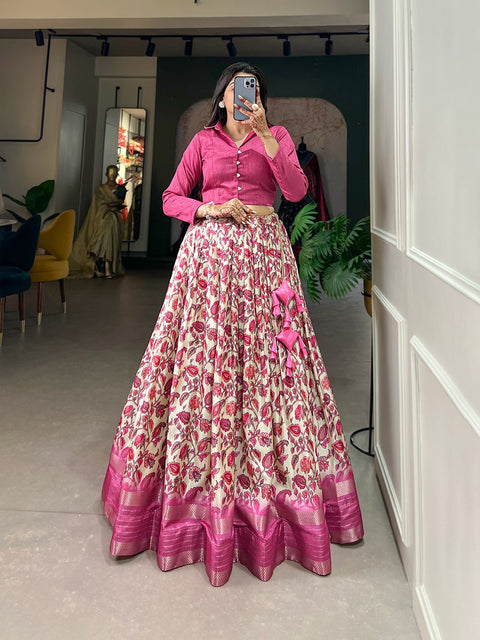 Pink Embrace the allure of tradition with the modern charm of floral prints – the Dola Silk lehenga choli