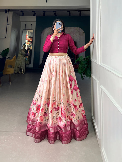 Rani Pink Embrace the allure of tradition with the modern charm of floral prints – the Dola Silk lehenga choli