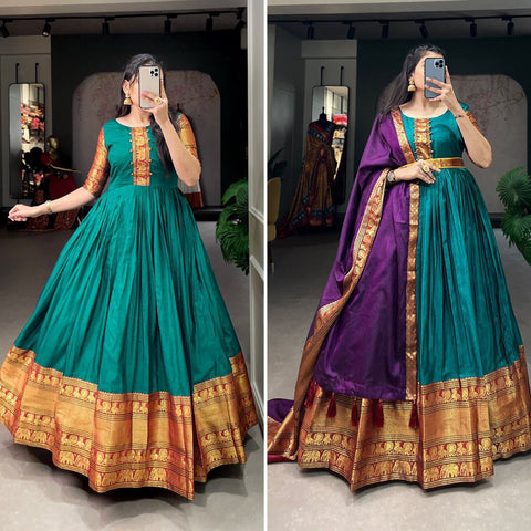 Blue traditional Narayan pet (cotton) gown to give your function more ethnic vibe