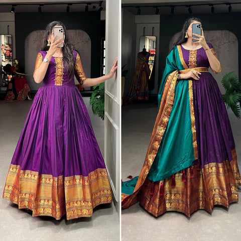 Purple traditional Narayan pet (cotton) gown to give your function more ethnic vibe