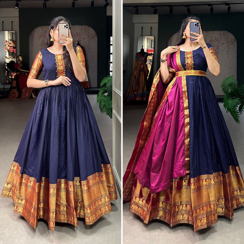 this Blue traditional Narayan pet (cotton) gown to give your function more ethnic vibe