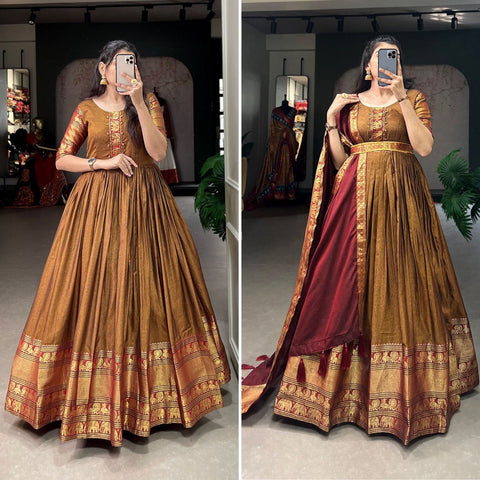 Brown traditional Narayan pet (cotton) gown to give your function more ethnic vibe