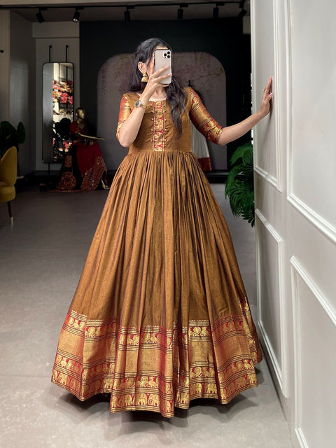 Brown traditional Narayan pet (cotton) gown to give your function more ethnic vibe