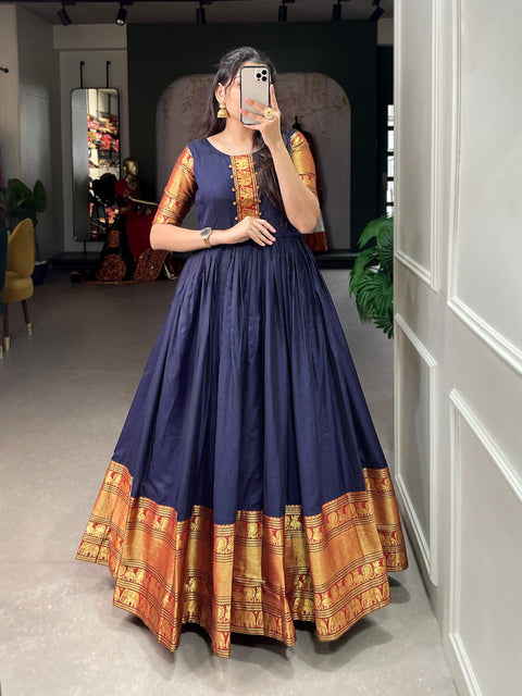 this Blue traditional Narayan pet (cotton) gown to give your function more ethnic vibe