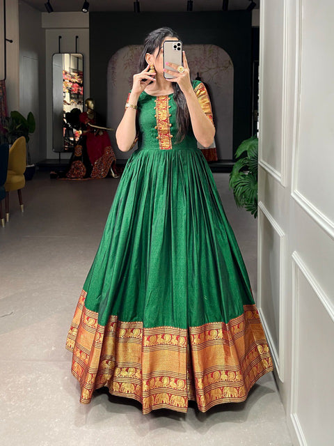 Green  traditional Narayan pet (cotton) gown to give your function more ethnic vibe