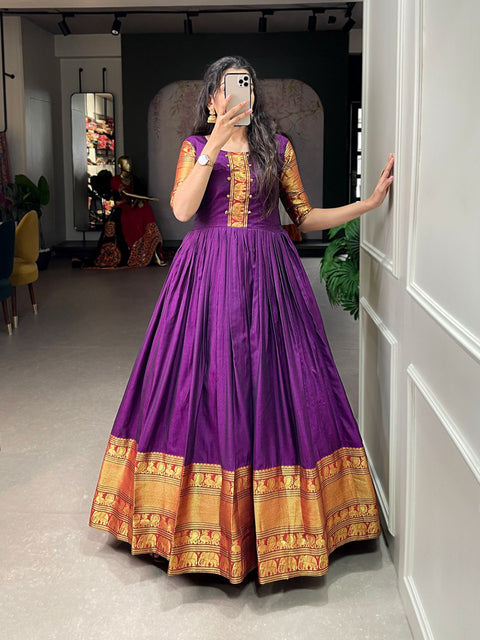 Purple traditional Narayan pet (cotton) gown to give your function more ethnic vibe