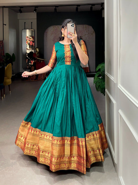 Blue traditional Narayan pet (cotton) gown to give your function more ethnic vibe