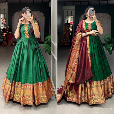 Green  traditional Narayan pet (cotton) gown to give your function more ethnic vibe