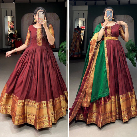 Red traditional Narayan pet (cotton) gown to give your function more ethnic vibe