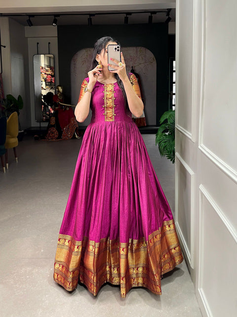 Pink traditional Narayan pet (cotton) gown to give your function more ethnic vibe