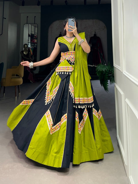 Vibrant Green Cotton fancy lehenga Choli for women with Dupatta in USA