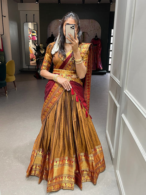 Brown Twirl your fashion fervour with this celebrational and vibrant lehenga for woman