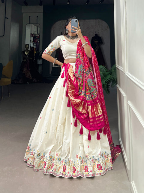 White Choli With Pink Dupatta Khadi charm with a touch of shimmer Lehenga Choli For Women