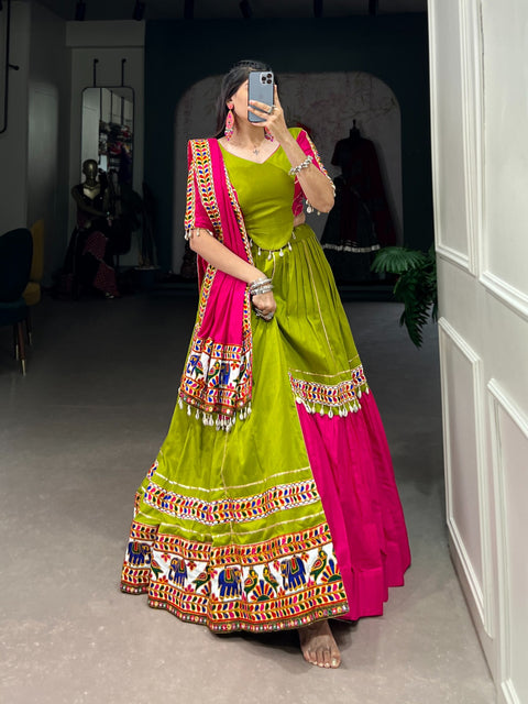 Festive Green Cotton Sequnce fancy lehenga Choli for women with Dupatta in USA