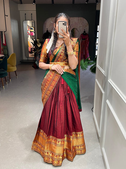 Maroon twirl your fashion fervour with this celebrational and vibrant lehenga for women