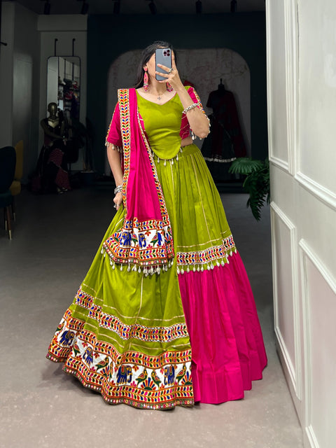 Festive Green Cotton Sequnce fancy lehenga Choli for women with Dupatta in USA