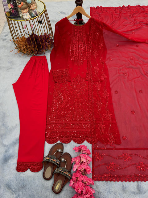 Radiant Red Party Wear Look Heavy Faux Georgette Top Bottom & Dupatta Set For Woman