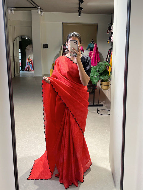 Red Premium And High Quality gadhwal chex Saree That is Super Stylish and Pretty