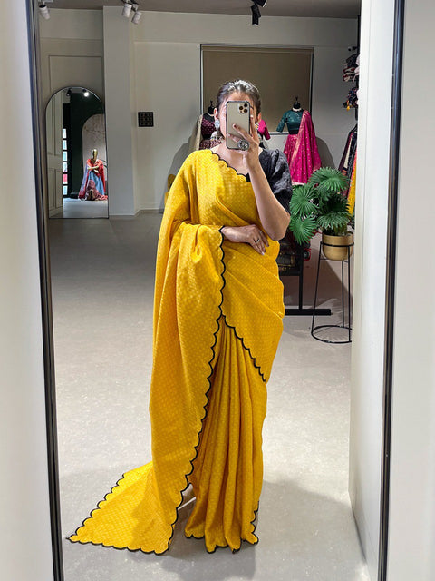 Yellow Premium And High Quality gadhwal chex Saree That is Super Stylish and Pretty