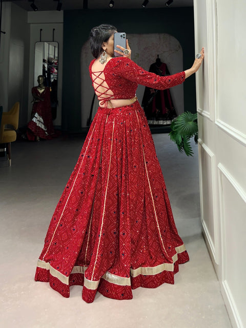 Red Navratri Special: Rayon Lehenga & Gamthi Blouse Lhenga Choli For Women