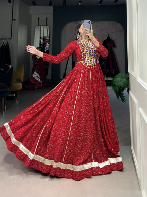 Red Navratri Special: Rayon Lehenga & Gamthi Blouse Lhenga Choli For Women