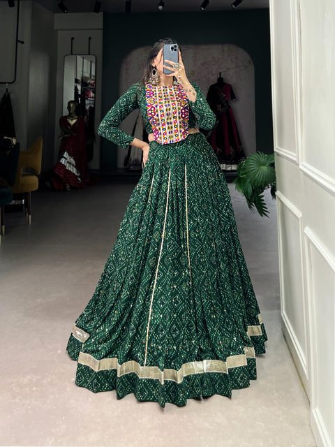 Green Navratri Special: Rayon Lehenga & Gamthi Blouse Lhenga Choli For Women