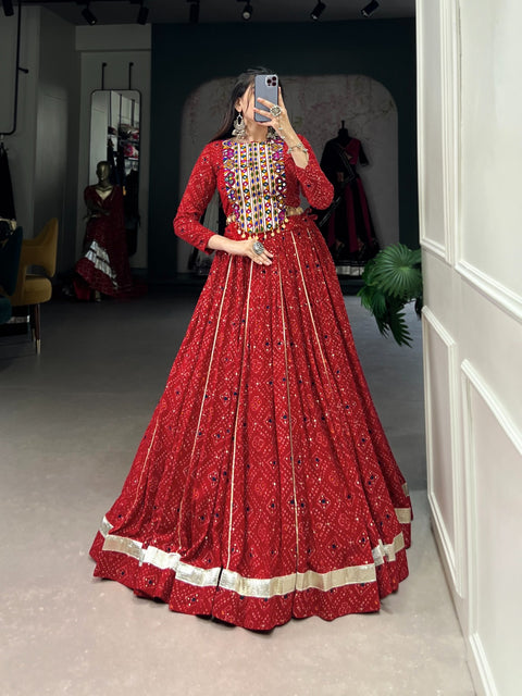 Red Navratri Special: Rayon Lehenga & Gamthi Blouse Lhenga Choli For Women