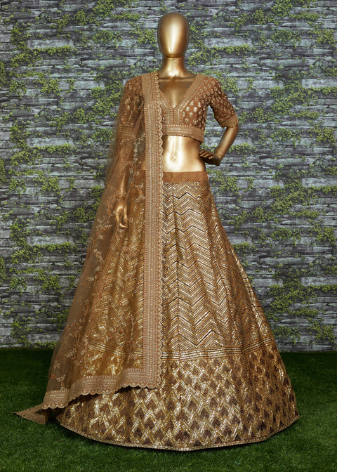 Golden brown lehenga is an excellent traditional wear for sangeet, engagement or other special occasions For Women