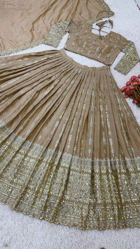 Presenting New Gold Wedding Collection Lehenga Choli With Full Heavy Embroidery Sequence Work For Woman