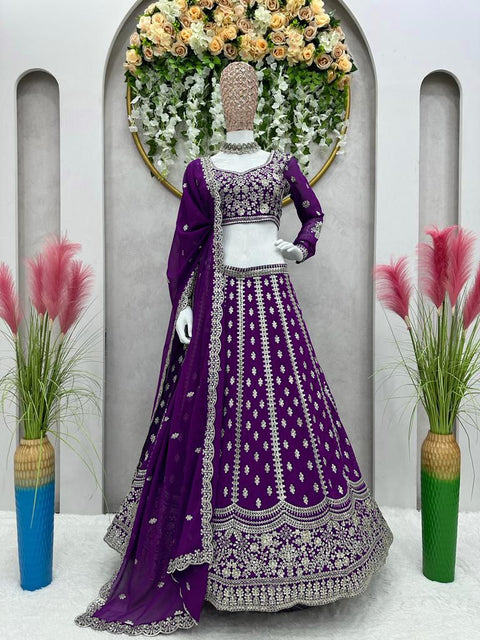 Purple Elevate Your Ethnic Wardrobe with a Gorgeous Georgette Lehenga Choli and an Intricately Embroidered Banglory Blouse For Women