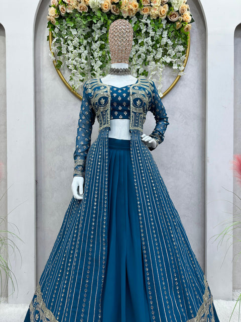 Teal Blue Designer Party Wear Look Fancy and Fully Stitched Chaniya Blouse And Shrug For Woman In USA