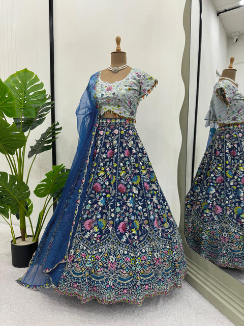 Blue Your Ethnic Wardrobe with a Gorgeous Georgette Lehenga Choli and an Intricately Embroidered Banglory Blouse For Women