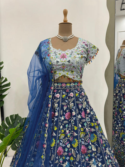 Blue Your Ethnic Wardrobe with a Gorgeous Georgette Lehenga Choli and an Intricately Embroidered Banglory Blouse For Women