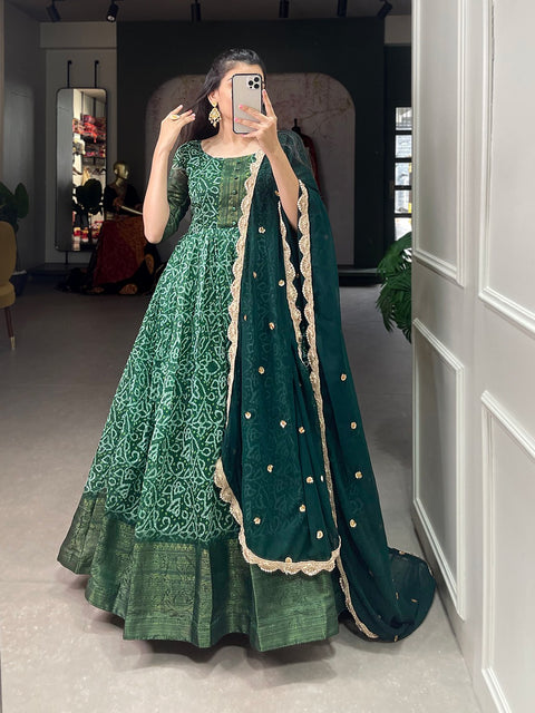 Green this elegant soft Chanderi flawless gown with beautiful pearl dupatta for women