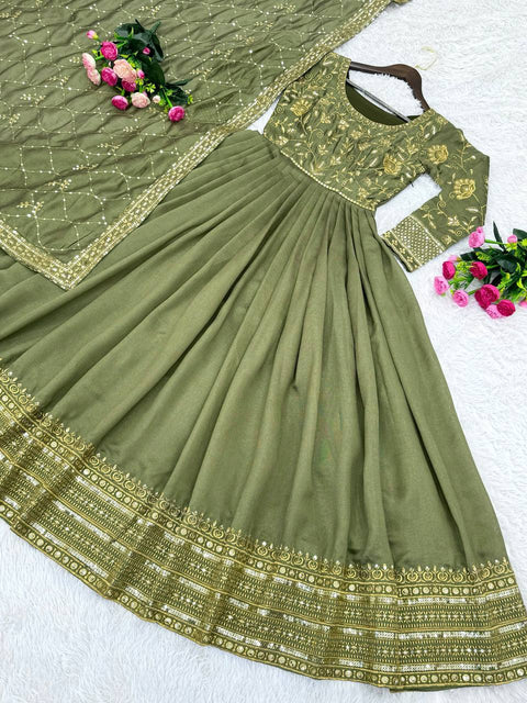 Green Designer Party Wear Fancy Gown With Dupatta For Woman