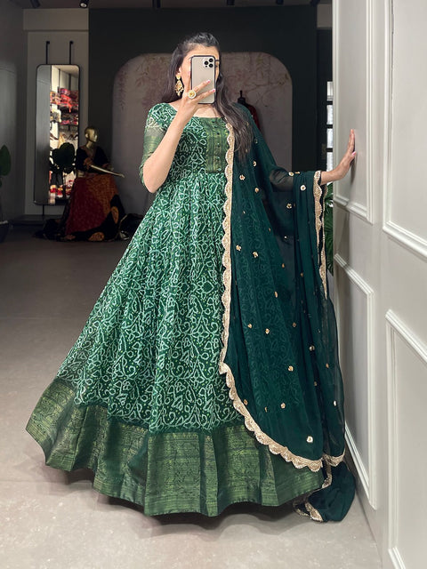 Green this elegant soft Chanderi flawless gown with beautiful pearl dupatta for women