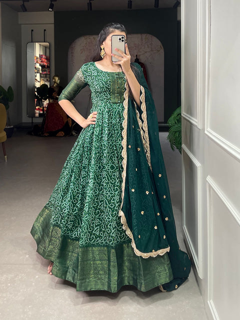 Green this elegant soft Chanderi flawless gown with beautiful pearl dupatta for women