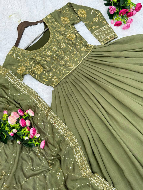 Green Designer Party Wear Fancy Gown With Dupatta For Woman