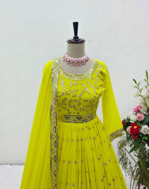 Green Fox Georgette Anarkali Gown -Pent  Dupatta Set Fully Stitched For Women