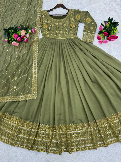 Green Designer Party Wear Fancy Gown With Dupatta For Woman