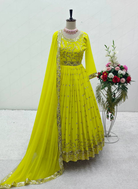 Green Fox Georgette Anarkali Gown -Pent  Dupatta Set Fully Stitched For Women