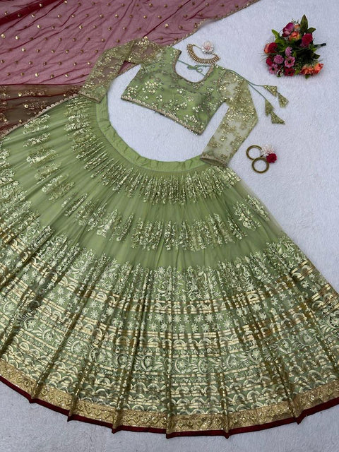 Green Heavy Embroidery Sequence Work Lehenga Choli With Dupatta For Women In USA