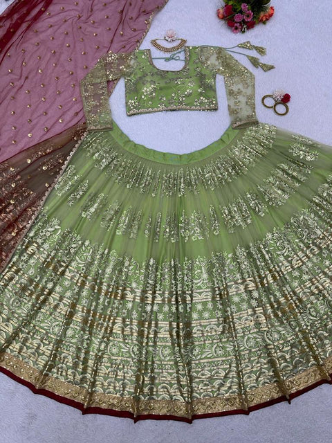 Green Heavy Embroidery Sequence Work Lehenga Choli With Dupatta For Women In USA