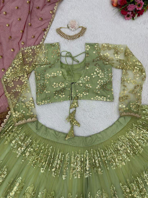 Green Heavy Embroidery Sequence Work Lehenga Choli With Dupatta For Women In USA