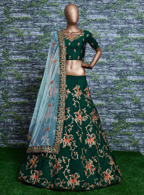 Adorn a simple yet elegant charm with this ensemble in an this dark green lehenga choli for women