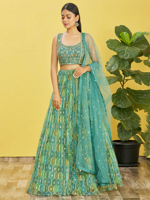 Green Party wear Heavy Lehenga Choli for Women with Dupatta Sequence Lehenga Choli In USA